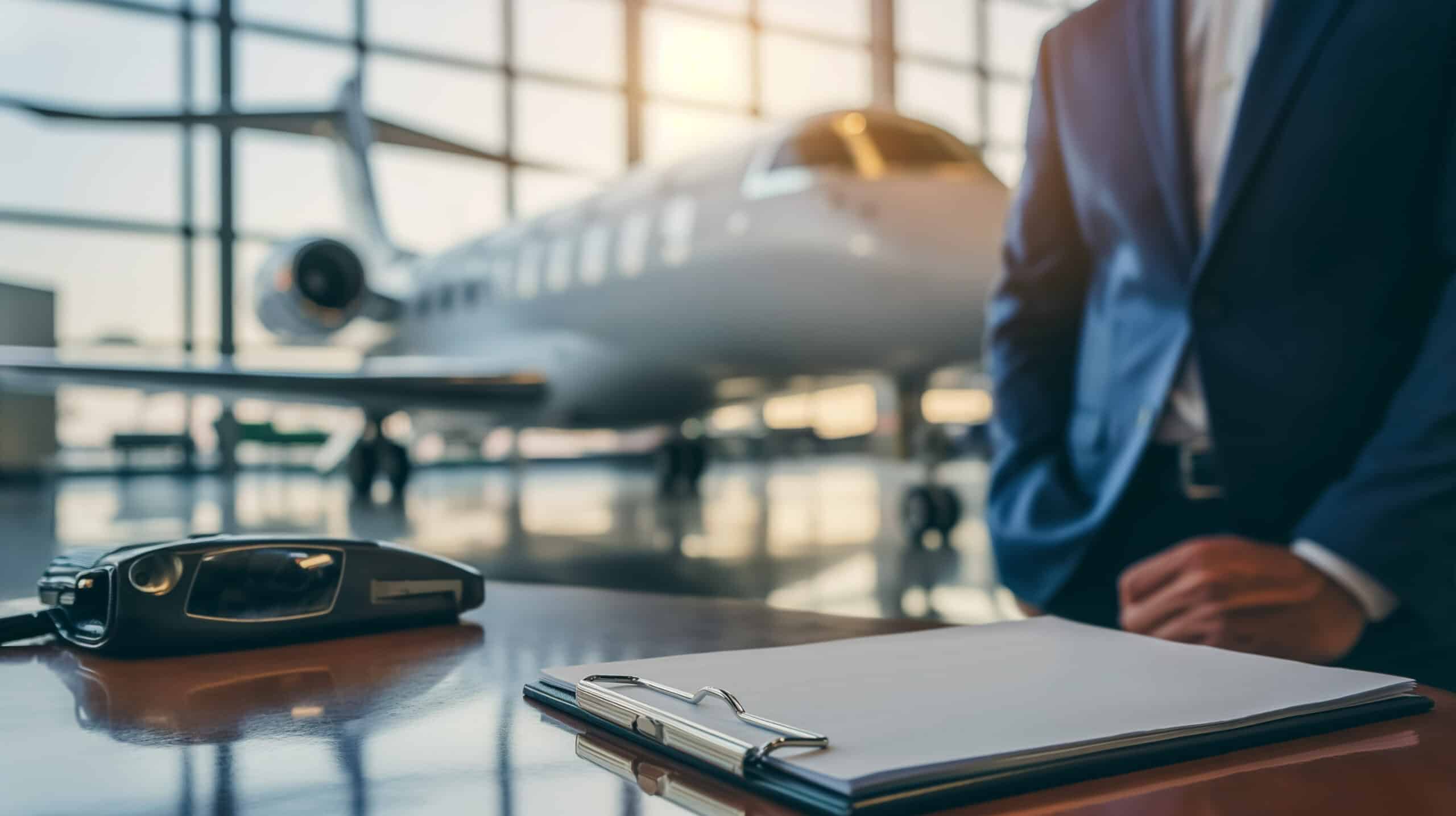 aircraft brokers A businessman in a suit stands in front of a private jet at an airport hangar, with a clipboard and car key fob on the desk in focus. The background shows large windows and the jet, slightly out of focus.